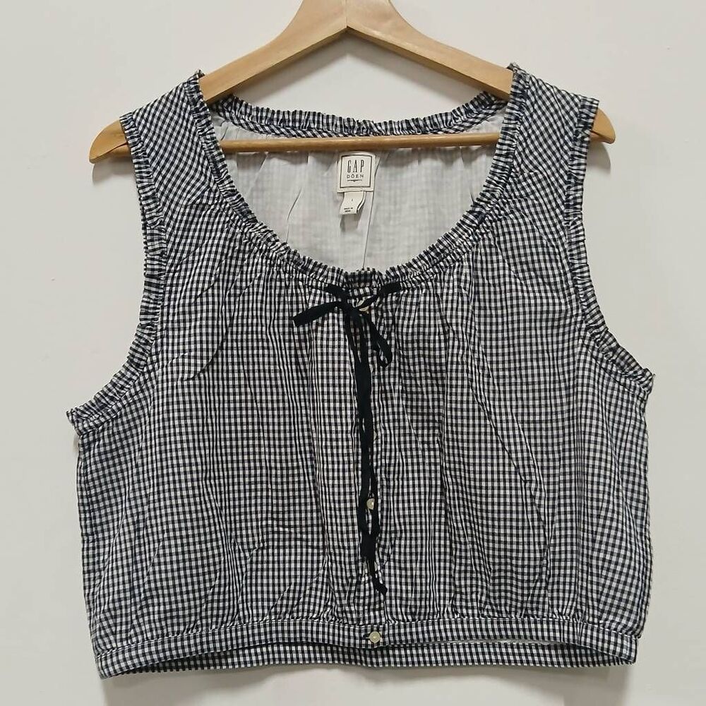 Doen + gap womens large gingham plaid top cropped blue white cotton shirt